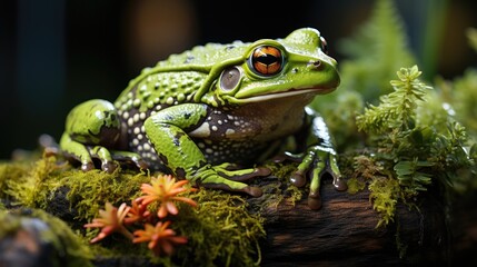 Fototapeta premium Laughing frog on a mossy rock on a darker background