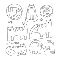 Funny doodle outline tabby cats set. Hand drawn linear Vector illustration