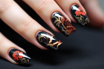 A woman's hand with black and red nails with a floral design, AI