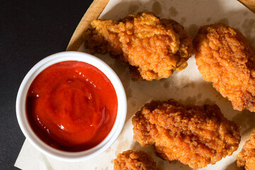 Breaded chicken strips with tomato ketchup close-up
