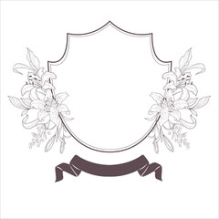 Wedding Crest with Flowers and Leaves. Line Art Illustration. - 646305588