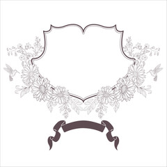 Wedding Crest with Flowers and Leaves. Line Art Illustration.
