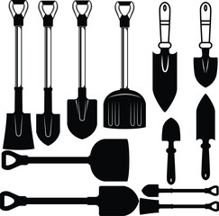 Set of shovel tools vector illustration. Shovel silhouettes
