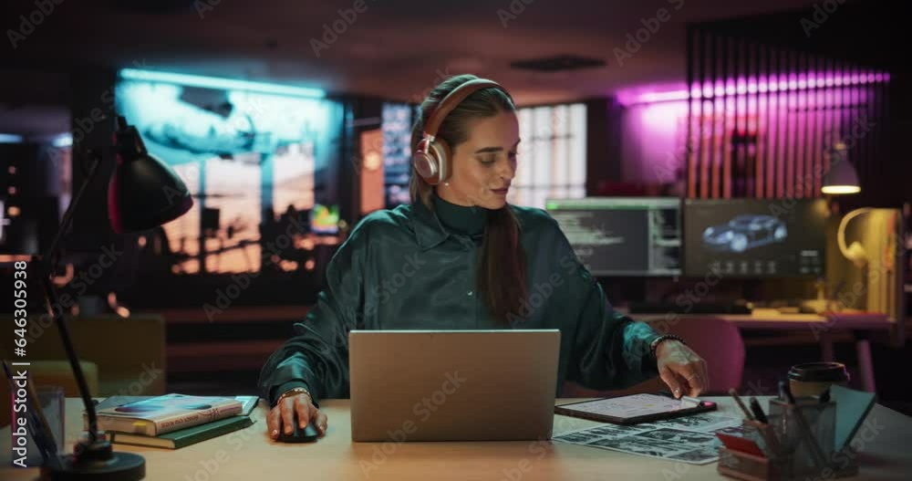 Aufkleber young project manager with headphones working on laptop computer in creative office environment. bea