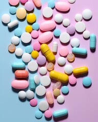 A vibrant and enticing array of pills and capsules lays atop a deep purple background, inviting viewers to explore the potential of pharmacy and medicine