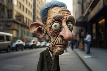 Vieil homme ridé se promenant dans une rue style cartoon caricature » IA générative - obrazy, fototapety, plakaty