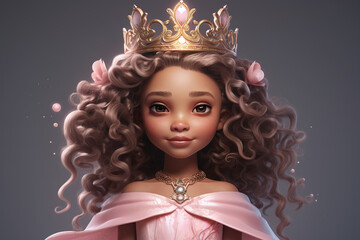 Jeune princesse noire avec robe rose style cartoon caricature » IA générative