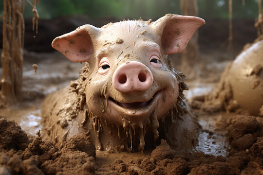 Jeune cochon souriant jouant dans la boue style cartoon caricature &raquo; IA g&eacute;n&eacute;rative