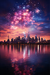 Obraz premium background very big exploding fireworks over the city, clear night sky