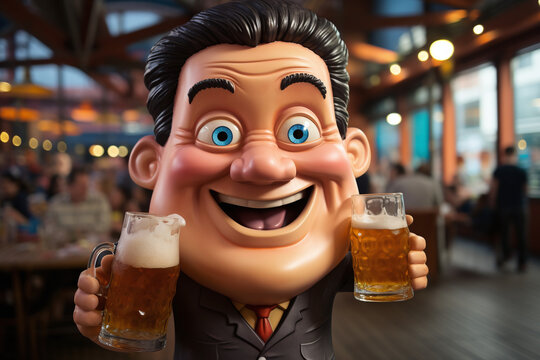 Homme tenant des chopes de bi&egrave;re pour la f&ecirc;te de la bi&egrave;re style cartoon caricature &raquo; IA g&eacute;n&eacute;rative