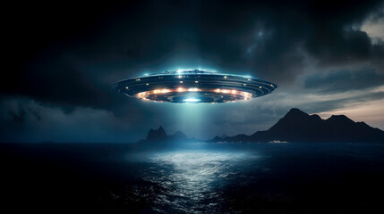 UFO or UAP flying in the sky above the sea - UFO sighting concept - obrazy, fototapety, plakaty