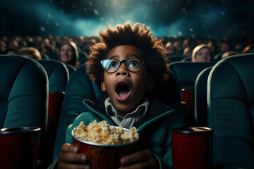 Little boy with astonished and surprised look is watching a movie in a cinema