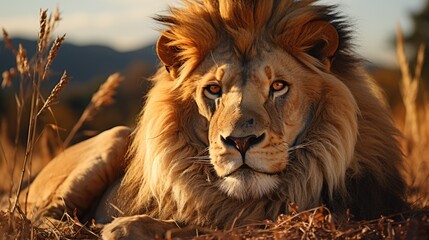 Naklejka premium Male lion on savanna grass. with a background of trees in the hills