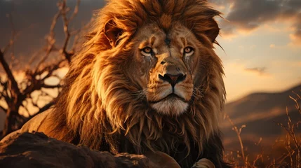 Foto op Canvas Male lion on the hill. against a sunset background © MBRAMO