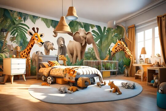Fototapeta 3D rendering of a kids' room with an animal safari theme. Feature colorful jungle murals, stuffed animal friends, and a bed designed like a safari jeep to inspire young 