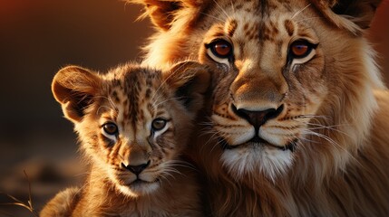 Mother Lion is hugged by her son with love