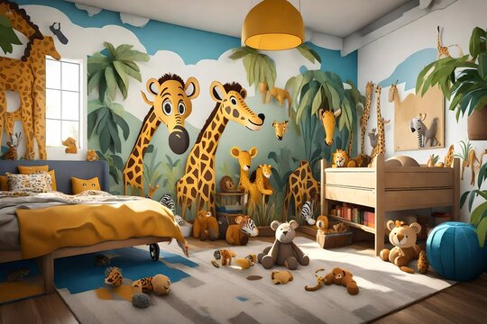 3D rendering of a kids' room with an animal safari theme. Feature colorful jungle murals, stuffed animal friends, and a bed designed like a safari jeep to inspire young 
