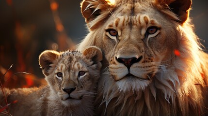 Fototapeta premium Mother Lion is hugged by her son with love