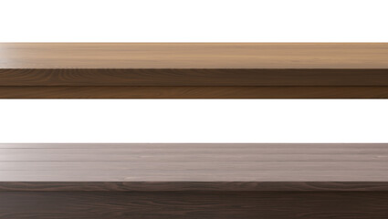 Two wooden table, desk surfaces isolated on transparent background. Front view. Tabletop, set. Cut out elements. Copy space for your object, product presentation. Display, promotion, advertising. 3D.