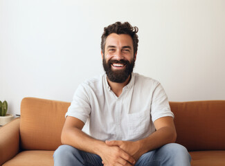 Man with full beard sitting on a sofa at home