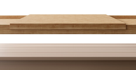Two wooden table, desk surfaces isolated on transparent background. Front view. Tabletop, set. Cut out elements. Copy space for your object, product presentation. Display, promotion, advertising. 3D.