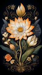 A vibrant flower painting against a dark backdrop