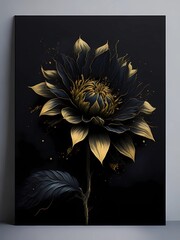 Golden Dahlia flower with paint splatter on black. Flower Art 
