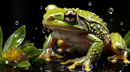 Obraz premium The frog jumps from the bottom to the top of the leaf