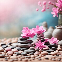 Fototapeta na wymiar Panoramic still life for harmony in spa, massage or yoga. Stack of spa mineral pebbles with pink flowers on defocused wellness background.
