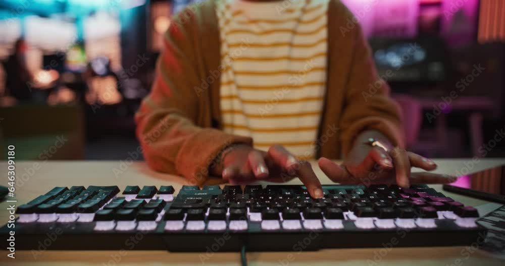 Aufkleber pov from monitor: close up footage of black woman's hands working on keyboard. female typing in crea