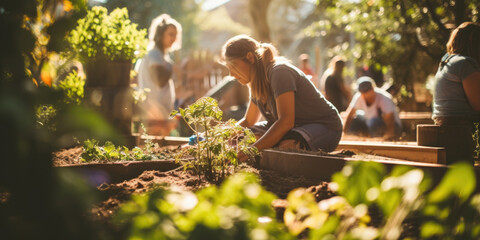 People working together in a community garden - 646309124