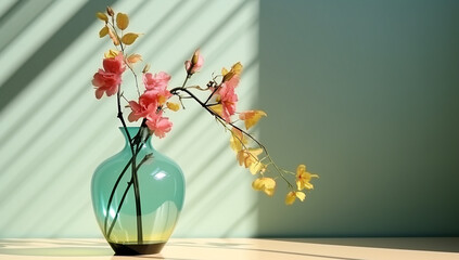 a beautiful flower vase on a table lit by sunlight, generative AI