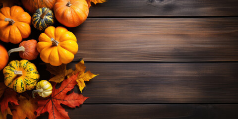 Obraz na płótnie Canvas Autumn leaves and pumpkins on wooden background with copyspace