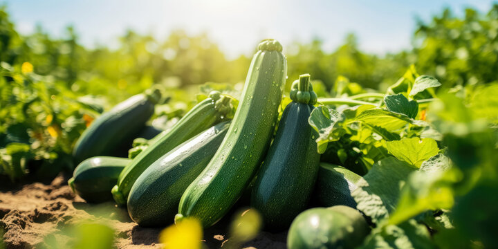 Freshly harvested zucchini in a field