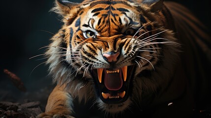 Tiger pose when roaring with a ferocious face