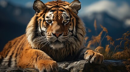 Fototapeta na wymiar Tiger pose while sitting on rocks on top of a mountain