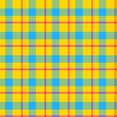Plaid with twill weave seamless pattern.Blue yellow and pink tartan repeat pattern.Vector illustration texture background.For textile, print, website.