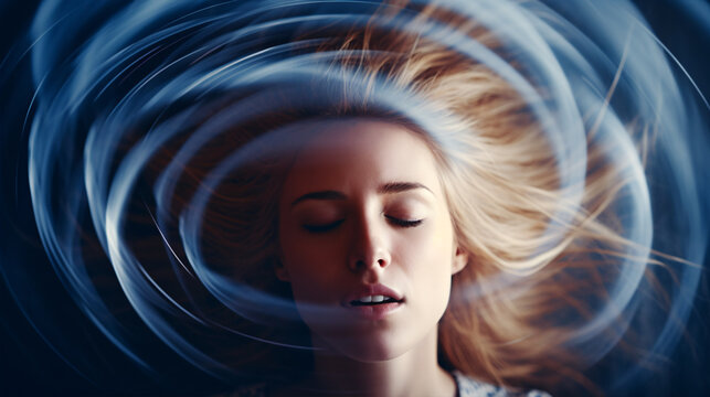 A blurred photograph captures a woman experiencing vertigo, dizziness, or a brain or inner ear health issue..