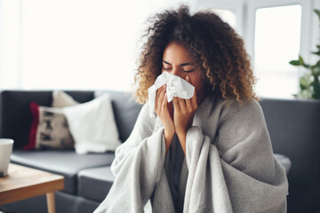  Portrait of African American woman blowing her nose, she has a sneeze and she is at home.