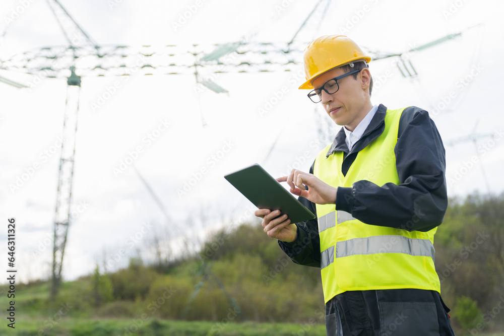 Aufkleber engineer with digital tablet on a background of power line tower.