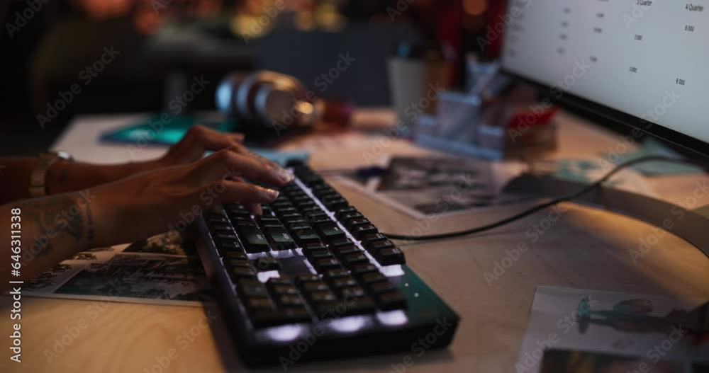 Aufkleber close up footage of black woman's hands working on keyboard and monitor. female hands typing in crea