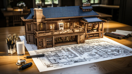 House model and architectural plans on table. Architectural concept.