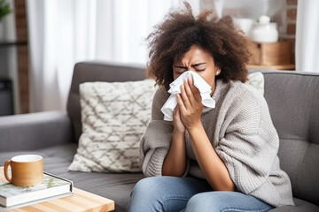  Portrait of African American woman blowing her nose, she has a sneeze and she is at home.