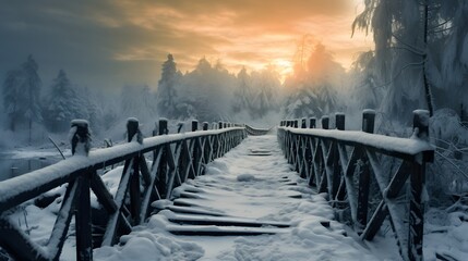 Snowy, wooden bridge in a winter day. - obrazy, fototapety, plakaty