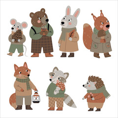 Hand drawn cute animals: hare, fox, raccoon, hedgehog, bear, squirrel, mouse. Vector illustration, Cartoon style