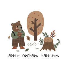 Hand drawn cute poster with a bear in the autumn forest. Vector illustration, cartoon style.
