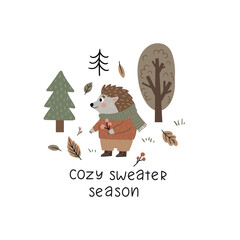 Hand drawn cute poster with a hedgehog in the autumn forest. Vector illustration, cartoon style.