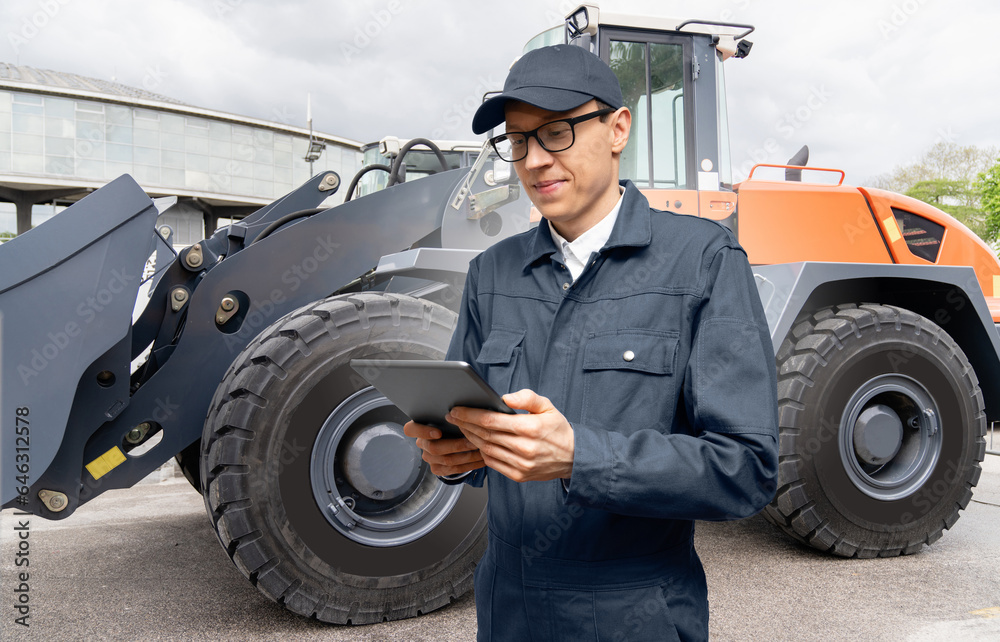 Poster serviceman with digital tablet on a background of the tractor