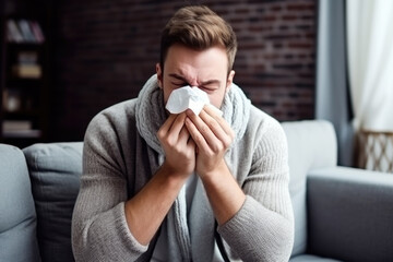 Portrait of young man blowing her nose, he has a sneeze and he is at home.