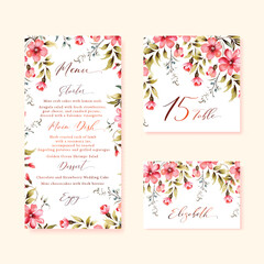 Watercolor floral wedding menu, table and escort cards with vintage flowers and gold calligraphy, vector template.